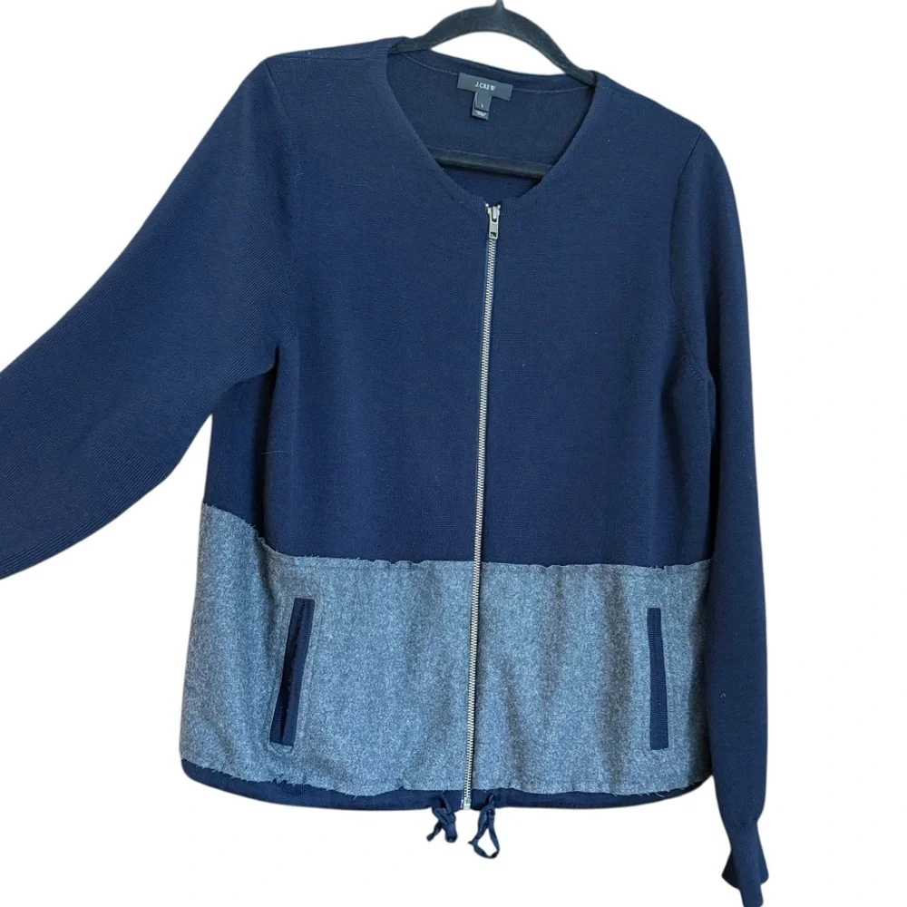 J.Crew Navy Gray Merino Wool Zip Front Colorblock Sweater Jacket Size L